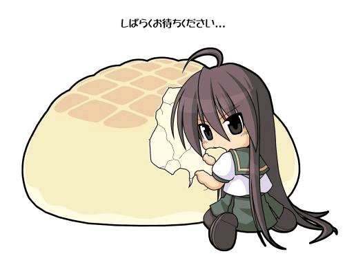 yuichirou, shana, shakugan no shana, lowres, 00s, 1girl, ahoge, black hair, bread, chibi, chibi only, eating, female focus, food, melon bread, school uniform, serafuku, solo, thighhighs