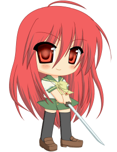 alastor (shakugan no shana), shana, shakugan no shana, lowres, 00s, 1girl, ahoge, chibi, chibi only, female focus, full body, jewelry, pendant, red hair, school uniform, serafuku, solo, standing, sword, transparent background, weapon