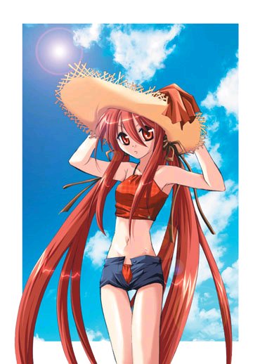 shana, shakugan no shana, 00s, 1girl, beach, day, female focus, hair between eyes, halterneck, hat, long hair, red eyes, red hair, short shorts, shorts, solo, straw hat, unbuttoned, very long hair