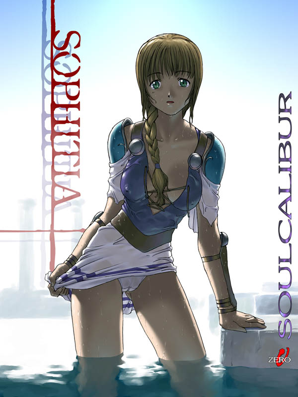 circle garyuu, sophitia alexandra, soul calibur, soulcalibur i, 1girl, arm support, armor, armored dress, braid, breasts, brown hair, cameltoe, character name, cleavage, copyright name, cowboy shot, dress, female focus, green eyes, hair over shoulder, long hair, medium breasts, panties, pantyshot, single braid, skirt, skirt tug, solo, standing, underwear, upskirt, wading, water, wet, wet clothes, wet hair, white panties