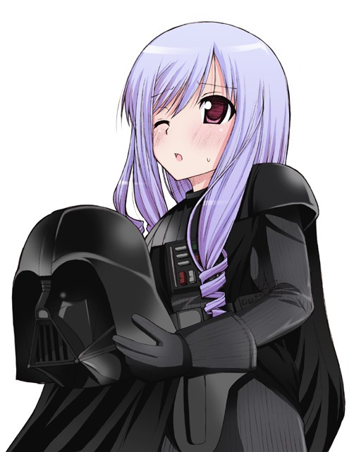 yatsune rika, aria (sister princess), darth vader, sister princess, star wars, duplicate, textless version, 1girl, cosplay, crossover, darth vader (cosplay), drill hair, female focus, gloves, long hair, mask, open mouth, parody, pun, purple hair, ringlets, simple background, solo, sweatdrop, unmask, unworn mask, white background, wince