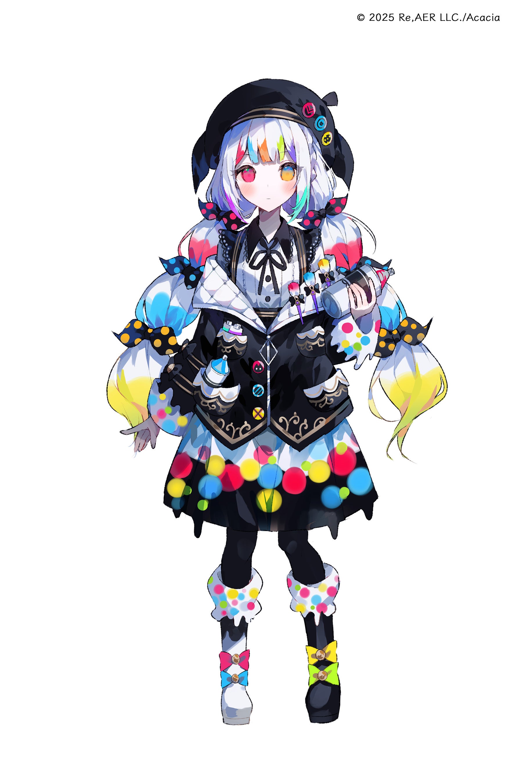 umemaro (siona0908), jougasaki noa, mahou shoujo no majo saiban, absurdres, highres, official art, second-party source, 1girl, beret, black boots, black bow, black hat, black jacket, black pantyhose, black ribbon, black skirt, blue bow, boots, bow, braid, closed mouth, expressionless, full body, green bow, hair bow, hat, heterochromia, holding, holding spray can, jacket, long hair, long sleeves, looking at viewer, magical girl, multicolored hair, neck ribbon, off shoulder, paint splatter, paint tube, pale skin, pantyhose, pink bow, pink eyes, polka dot, polka dot bow, ribbon, shirt, simple background, skirt, solo, spray can, standing, streaked hair, tachi-e, twin braids, very long hair, white background, white boots, white hair, white shirt, yellow bow, yellow eyes