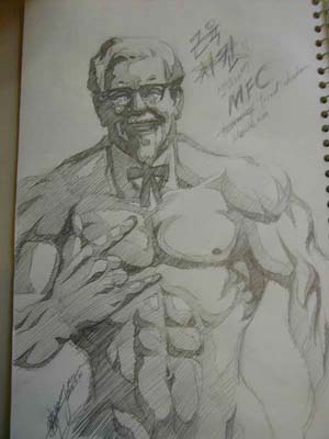 colonel sanders, kfc, lowres, translated, 1boy, m/, n/, glasses, male focus, manly, monochrome, muscular, old, old man, sketch, solo, string tie, what
