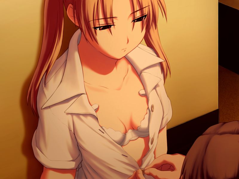 miyaji saya, realize, game cg, 1girl, bra, breasts, buttons, cleavage, collarbone, female focus, lingerie, open clothes, open shirt, orange hair, red eyes, shirt, solo, solo focus, twintails, unbuttoned, unbuttoning, underwear, undressing, white bra