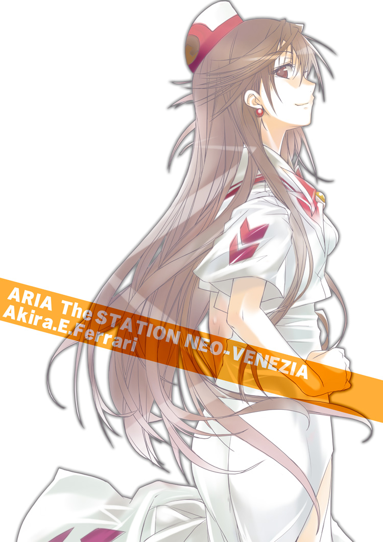 mizuki makoto, akira ferrari, aria (manga), 00s, 1girl, blouse, brooch, brown hair, character name, dress, earrings, female focus, hands on own hips, hat, jewelry, long hair, profile, red eyes, shirt, short sleeves, simple background, smile, solo, standing, very long hair, white background, white dress, white shirt