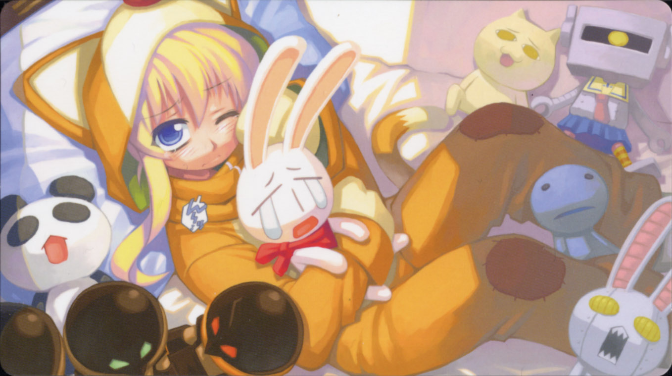rebecca miyamoto, pani poni dash!, bed, blonde hair, blue eyes, cosplay, long hair, pajamas, solo