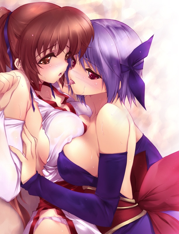 iizuki tasuku, ayane (doa), kasumi (doa), dead or alive, tecmo, 2girls, breast press, breasts, couple, incest, multiple girls, ponytail, saliva, saliva trail, siblings, sisters, symmetrical docking, tasaku iizuki, yuri