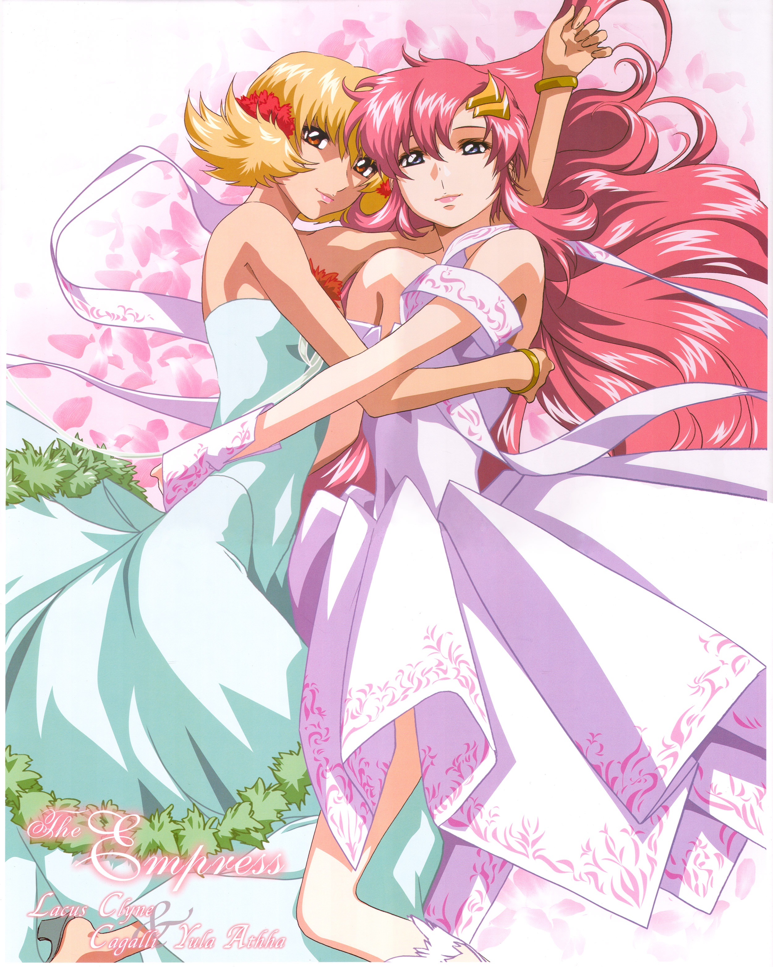 cagalli yula athha, lacus clyne, gundam, gundam seed, gundam seed destiny, absurdres, highres, official art, 00s, 2girls, arm up, bare shoulders, blonde hair, bracelet, character name, detached sleeves, dress, english text, from side, fur trim, green dress, hair between eyes, hug, jewelry, lips, long hair, looking at viewer, multiple girls, pink dress, red hair, scrunchie, short hair, smile, standing, two side up, very long hair, wavy hair