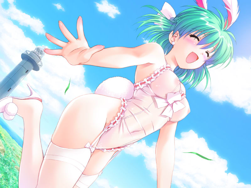 kuroda akimi, kyankyan, galzoo island, duplicate, game cg, 1girl, ^ ^, animal ears, breasts, closed eyes, cloud, day, female focus, garter belt, grass, green hair, high heels, lighthouse, lingerie, medium breasts, nipples, open mouth, rabbit ears, see-through clothes, shoes, short hair, sky, solo, thighhighs, underwear