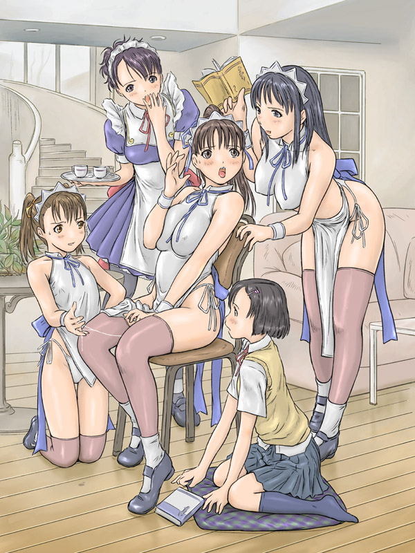 kisaragi gunma, mai favorite, 5girls, apron, bent over, black eyes, black hair, black socks, blue dress, blush, book, breasts, brown eyes, brown hair, chair, covered erect nipples, dress, dress shirt, hair ornament, hairclip, headdress, highleg, highleg panties, kneehighs, kneeling, large breasts, long hair, maid, maid apron, maid headdress, mary janes, multiple girls, nearly naked apron, panties, pelvic curtain, pleated skirt, ponytail, pussy juice, pussy juice trail, ribbon, school uniform, shirt, shoes, short hair, short twintails, side-tie panties, sitting, skirt, socks, standing, sweater vest, thigh gap, thighhighs, thighs, twintails, underwear, vest, wariza, white panties, wrist cuffs, yuri