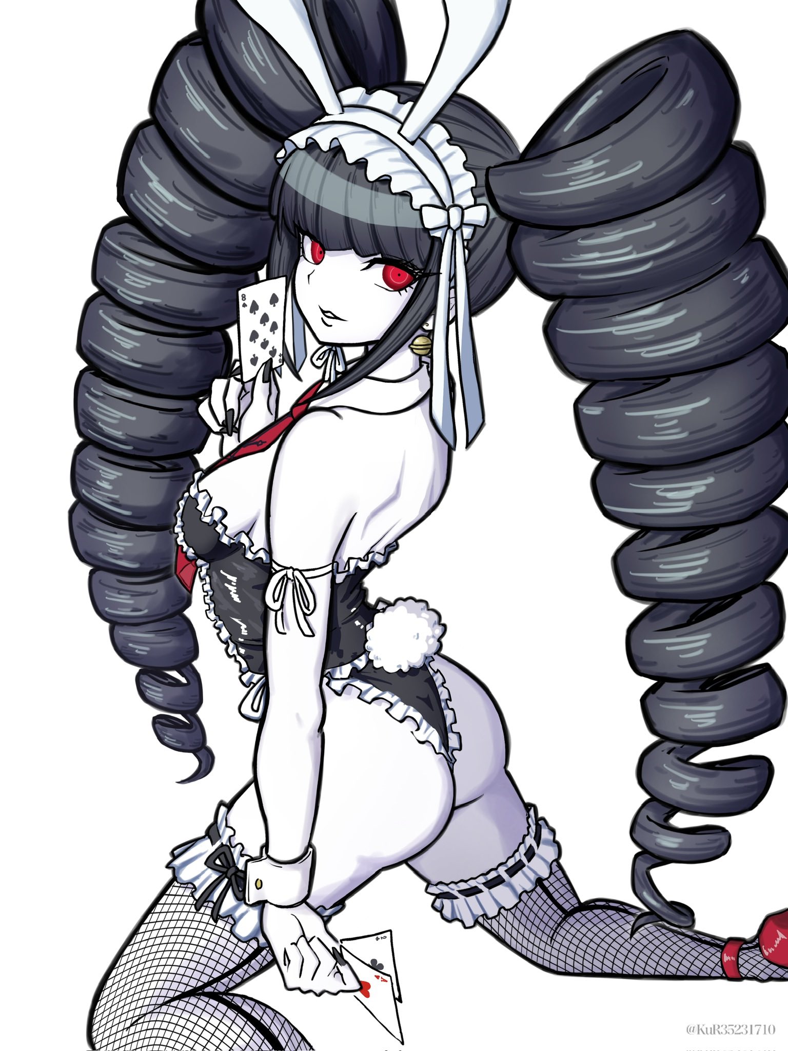 aruke (gter7727), celestia ludenberg, danganronpa: trigger happy havoc, danganronpa (series), highres, 1girl, animal ears, ass, bare shoulders, black hair, black leotard, breasts, drill hair, fake animal ears, frills, kneeling, leotard, lolita fashion, long hair, looking at viewer, nail polish, playboy bunny, rabbit ears, red eyes, smile, solo, strapless, strapless leotard, twin drills, twintails