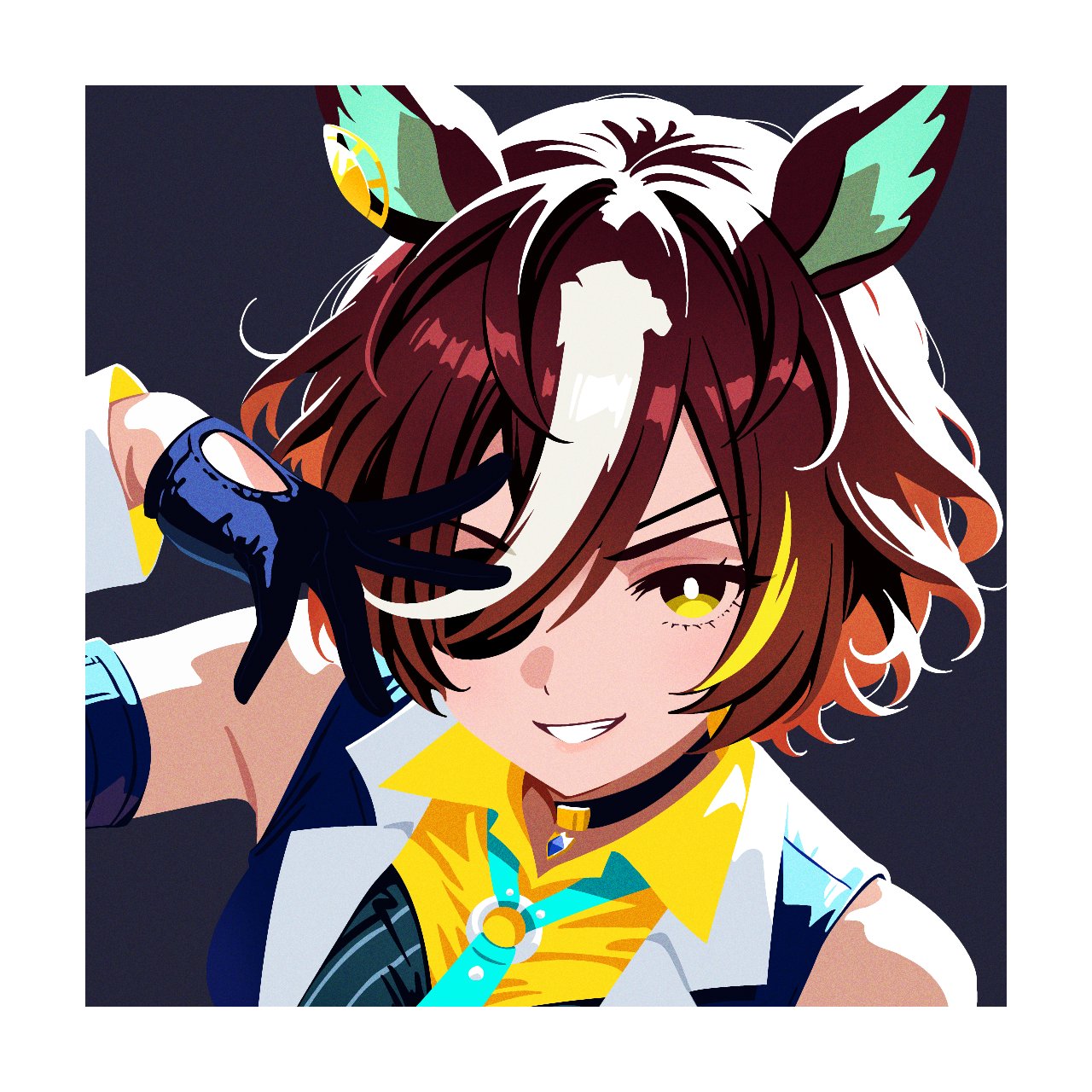 tanino gimlet (umamusume), umamusume, highres, 1girl, animal ears, armpit crease, black choker, black gloves, blue necktie, brown hair, choker, clothing cutout, collared shirt, ear ornament, eyepatch, glove cutout, gloves, grin, hair between eyes, hand over eye, horse ears, horse girl, looking at viewer, multicolored hair, necktie, pendant choker, shade, shirt, short hair, smile, solo, streaked hair, v-shaped eyebrows, waonaolmao, white streaks, yellow eyes, yellow shirt