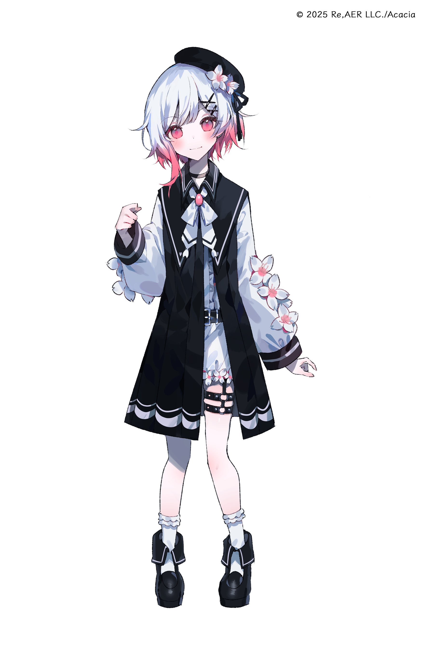 umemaro (siona0908), sakuraba ema, mahou shoujo no majo saiban, absurdres, highres, official art, second-party source, 1girl, belt, beret, black belt, black choker, black dress, black hat, black shoes, choker, closed mouth, copyright notice, dress, flower, full body, gradient hair, hair flower, hair ornament, hand up, hat, long sleeves, looking at viewer, magical girl, multicolored hair, neck ribbon, o-ring, o-ring thigh strap, pink eyes, pink hair, ribbon, shirt, shoes, short hair, simple background, smile, socks, solo, standing, tachi-e, thigh strap, white background, white flower, white hair, white ribbon, white shirt, white socks, x hair ornament