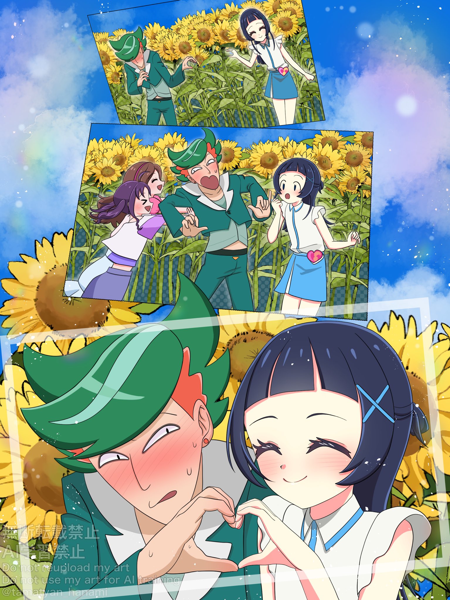 aokaze nana, sakura uta (precure), shigure kokoro, kimi to idol precure, precure, highres, 1boy, 3girls, bare arms, bare legs, blue hair, blue sky, blunt bangs, closed eyes, collarbone, couple, denim, denim skirt, earrings, field, flower, flower field, frilled shirt, frills, green hair, green jacket, hair ornament, hairpin, half up bun, heart, heart hands, heart pouch, jacket, jewelry, long hair, long sleeves, mature male, midriff, multiple girls, neck, open clothes, open jacket, orange hair, pants, parted bangs, picture frame, pushing, pushing away, shirt, short hair, short sleeves, skirt, sky, sleeveless, sleeveless shirt, sunflower, sunflower field, surprised, sweat, sweatdrop, taking picture, tamatyan hanami, twitter username, watermark, white shirt, zakkuri (precure)