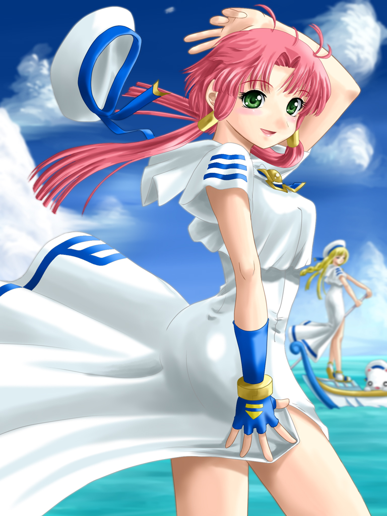 yaso shigeru, alicia florence, aria pokoteng, mizunashi akari, aria (manga), 00s, 2girls, blouse, clothes lift, cloud, day, dress, dress tug, fingerless gloves, gloves, gondola, green eyes, hat, multiple girls, outdoors, pink hair, shirt, sidelocks, skirt, skirt lift, sky, unworn hat, unworn headwear, water, white shirt, wind