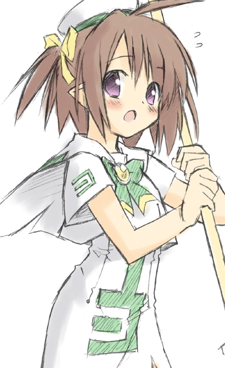 eretto, aria (manga), character request, 00s, 1girl, ahoge, blush, brown hair, female focus, flying sweatdrops, jewelry, pointy ears, purple eyes, ribbon, solo, witch