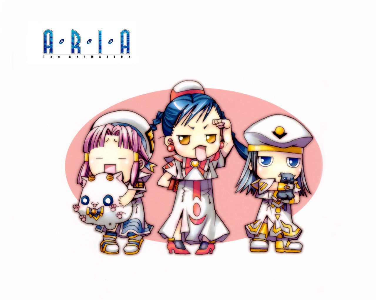 amano kozue, aika granzchesta, alice carroll, aria pokoteng, hime granzchesta, mizunashi akari, aria (manga), 00s, 3girls, black cat, blouse, carrying, cat, chibi, chibi only, hat, multiple girls, shirt, white shirt