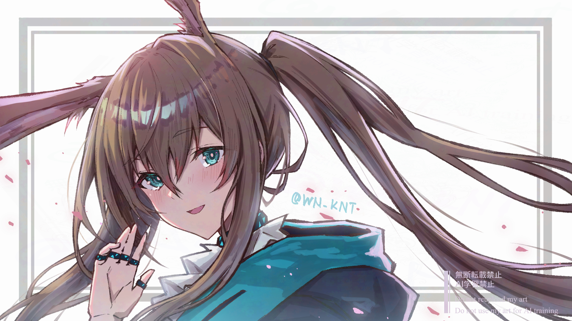 wn (wani-noko), amiya (arknights), arknights, adversarial noise, commentary request, highres, 1girl, :d, animal ears, aqua eyes, blush, brown hair, hair between eyes, hair tie, jewelry, long hair, looking at viewer, multiple rings, open mouth, ponytail, portrait, ring, sidelocks, smile, solo, twitter username, watermark, waving, white background