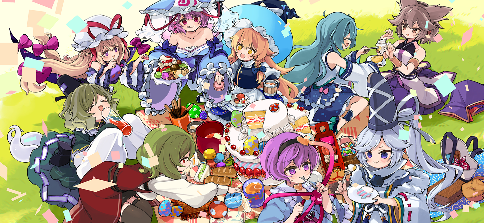 mota, kazami yuuka, kirisame marisa, kochiya sanae, komeiji satori, mononobe no futo, saigyouji yuyuko, soga no tojiko, toyosatomimi no miko, yakumo yukari, touhou, touhou gensou eclipse, commentary request, food request, game cg, official art, third-party source, 6+girls, :q, adapted costume, alternate color, alternate costume, apron, black hairband, blonde hair, blue bow, blue hat, blue kimono, blue shirt, blue skirt, blue vest, blush, bow, braid, bread, breasts, brown eyes, brown hair, brown thighhighs, buttons, cake, cake slice, closed eyes, closed mouth, collarbone, detached sleeves, dress, drinking, earmuffs, easter egg, eating, egg, eyeball, feeding, food, fork, frilled kimono, frilled shirt collar, frills, gap (touhou), garter straps, ghost tail, green dress, green eyes, green hair, grey hair, hair bow, hair ornament, hairband, happy, hat, hat bow, heart, heart button, heart hair ornament, holding, holding fork, holding plate, japanese clothes, kariginu, kimono, long sleeves, macaron, mob cap, multiple girls, off shoulder, ofuda, ofuda on clothes, open mouth, outdoors, picnic, picnic blanket, pink bow, pink eyes, pink hair, plate, pointy hair, ponytail, purple eyes, purple tabard, red eyes, ribbon-trimmed collar, ribbon-trimmed sleeves, ribbon trim, sandwich, shirt, side braid, single braid, sitting, skirt, sleeveless, smile, sweatdrop, tabard, tate eboshi, thighhighs, third eye, tongue, tongue out, triangular headpiece, vest, waist apron, white apron, white bow, white hat, wide sleeves, witch hat, yellow eyes