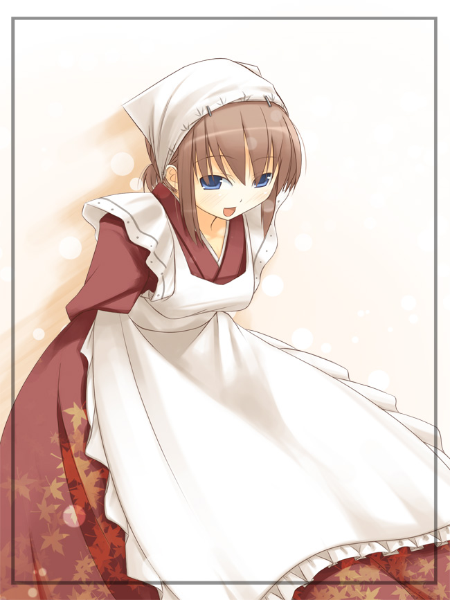 jirou (chekoro), 1girl, :d, apron, arms behind back, blue eyes, brown hair, dress, female focus, headscarf, japanese clothes, leaning forward, maid, maid apron, open mouth, smile, solo, wa maid, white headscarf