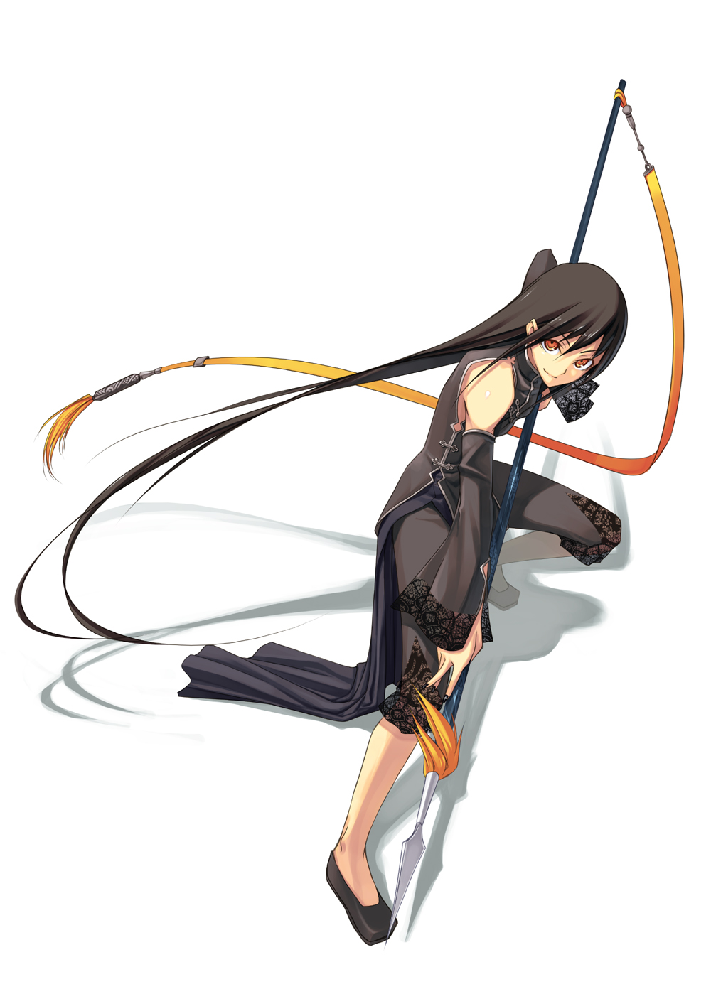 shingo (missing link), original, highres, 1girl, brown hair, detached sleeves, female focus, flats, lace, long hair, polearm, red eyes, solo, spear, very long hair, weapon