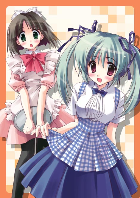 ryouka (suzuya), black legwear, 2girls, apron, blouse, collared shirt, gingham apron, green eyes, green hair, hair ribbon, kobeya uniform, maid, maid apron, multiple girls, outside border, pantyhose, plaid apron, plaid clothes, ribbon, shirt, short hair, skirt hold, twintails, waitress, white shirt