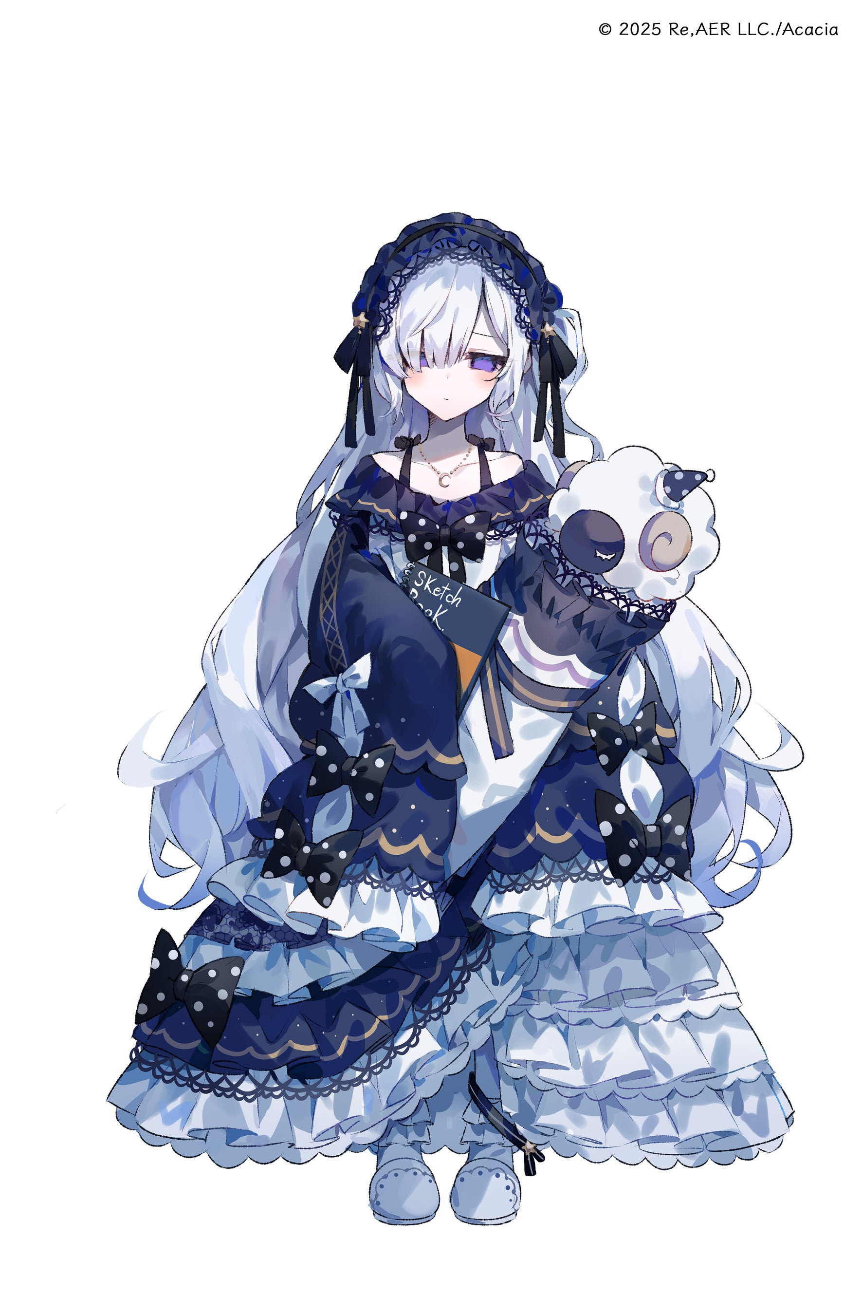 umemaro (siona0908), natsume anan, mahou shoujo no majo saiban, absurdres, highres, official art, second-party source, 1girl, black ribbon, blue dress, blue hairband, bow, closed mouth, crescent, crescent necklace, dress, empty eyes, expressionless, frilled dress, frilled sleeves, frills, full body, gothic lolita, hair ribbon, hairband, hat, holding, holding pillow, holding sketchbook, jewelry, layered dress, lolita fashion, lolita hairband, long dress, long hair, long sleeves, looking at viewer, magical girl, necklace, nightcap, pale skin, pillow, polka dot, polka dot bow, puffy long sleeves, puffy sleeves, purple eyes, ribbon, simple background, sketchbook, sleeves past fingers, sleeves past wrists, slippers, solo, standing, stuffed animal, stuffed sheep, stuffed toy, very long hair, white background, white hair, wide sleeves