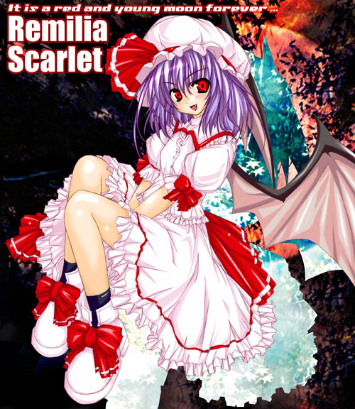 remilia scarlet, touhou, 1girl, bat wings, black socks, bow, buttons, character name, collared shirt, english text, fang, female focus, footwear bow, frilled shirt, frilled shirt collar, frilled skirt, frilled sleeves, frills, hat, hat ribbon, knee up, mob cap, open mouth, puffy short sleeves, puffy sleeves, purple hair, red bow, red eyes, red ribbon, ribbon, sash, shirt, shoes, short hair, short sleeves, sitting, skirt, socks, solo, white hat, white shirt, white shoes, white skirt, wings