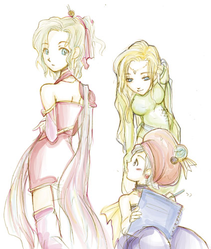 celes chere, relm arrowny, tina branford, final fantasy, final fantasy vi, lowres, 1990s (style), 3girls, bad anatomy, bent over, blonde hair, blush, dress, hair ribbon, hat, jewelry, multiple girls, notepad, open mouth, pendant, pink dress, ponytail, poorly drawn, retro artstyle, ribbon, simple background, thighhighs, white background, writing, zettai ryouiki