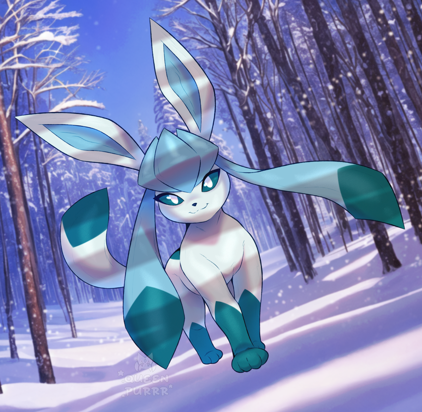 queen purrr, glaceon, nintendo, pokemon, :3, animal focus, artist name, bare tree, blue hair, blue sclera, blue sky, closed mouth, colored sclera, colored tips, day, dutch angle, forest, full body, gen 4 pokemon, happy, long hair, looking at viewer, multicolored hair, nature, no humans, outdoors, pokemon (creature), sidelocks, sky, smile, snow, snowing, solo, standing, tree, two-tone hair, watermark, white eyes