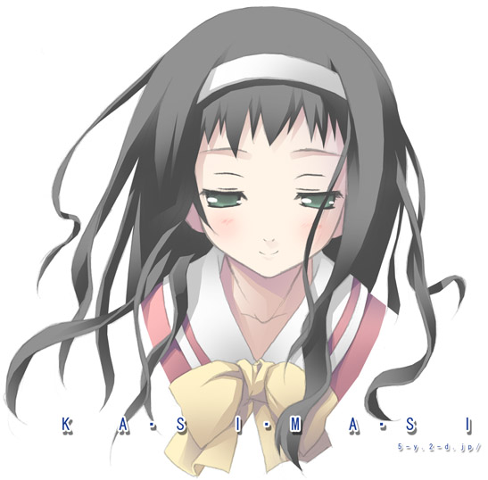kantoku, kamiizumi yasuna, kashimashi, 00s, 1girl, black hair, bow, female focus, green eyes, hairband, school uniform, serafuku, smile, solo