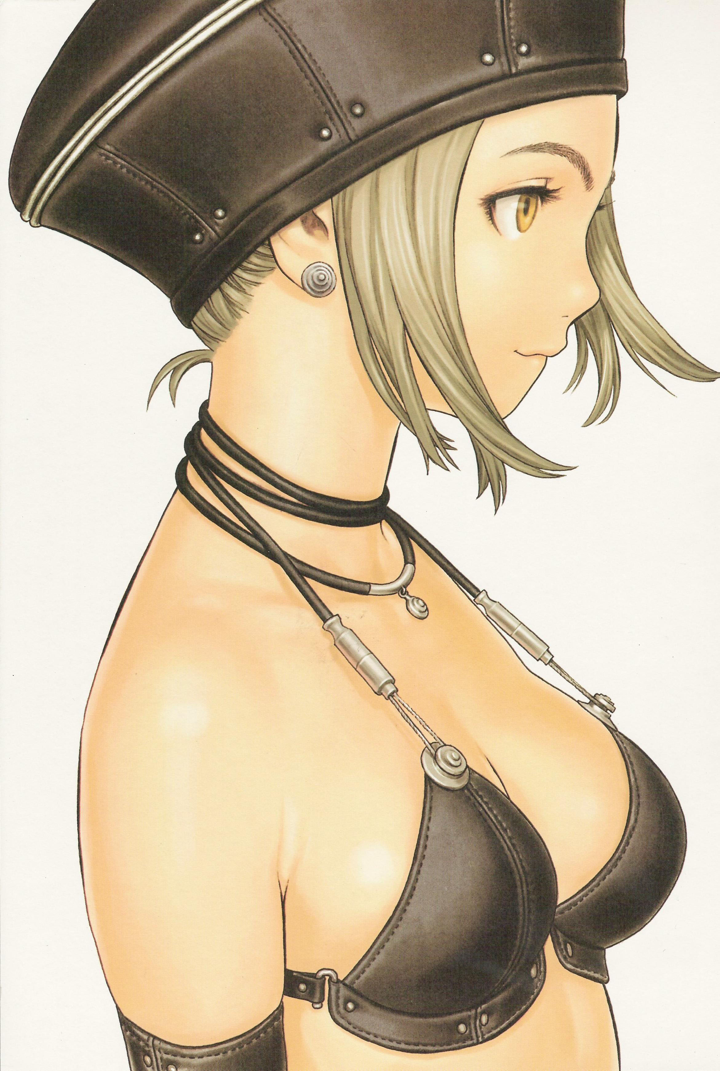 murata range, absurdres, highres, 1girl, bare shoulders, bikini, black bikini, black hat, blonde hair, breasts, brown hair, cleavage, earrings, female focus, from side, grey background, halterneck, hat, jewelry, necklace, pendant, sidelocks, simple background, smile, solo, stud earrings, swimsuit, upper body