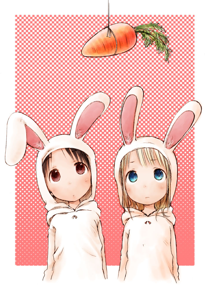 barasui, ana coppola, itou chika, ichigo mashimaro, 1girl, animal costume, animal ears, blonde hair, blue eyes, blush, brown eyes, brown hair, carrot, child, rabbit, rabbit costume, rabbit ears