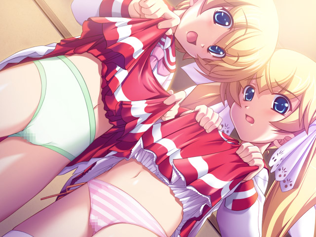 yatsuha kanan, alice von rozenblau, lilith von rozenblau, sensei daisuki 2, game cg, 2girls, blonde hair, blue eyes, censored, clothes lift, dutch angle, green panties, hair ribbon, lifting own clothes, lingerie, mosaic censoring, multiple girls, panties, petticoat, pink panties, ribbon, school uniform, serafuku, siblings, side-tie panties, sisters, skirt, skirt lift, standing, striped clothes, striped panties, thighhighs, twins, twintails, underwear, white thighhighs