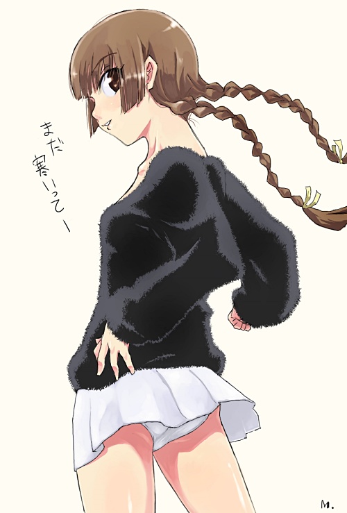 ennui, shimazu yoshino, maria-sama ga miteru, 00s, 1girl, back, braid, brown eyes, brown hair, female focus, hair ribbon, long sleeves, looking back, miniskirt, panties, pantyshot, ribbon, skirt, solo, standing, twin braids, underwear, upskirt, white panties, wind, wind lift