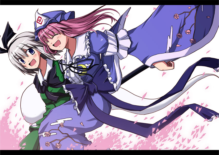nekonote (nekono paraiso), konpaku youmu, konpaku youmu (ghost), saigyouji yuyuko, touhou, 2girls, female focus, hat, hitodama, letterboxed, multiple girls, simple background, triangular headpiece