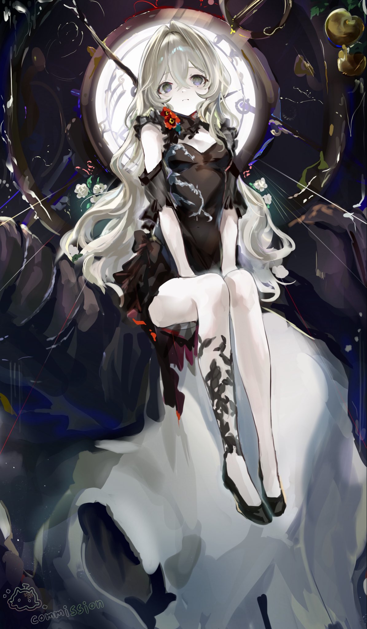 toqha3247, original, commission, highres, 1girl, apple, bare shoulders, black dress, black shoes, blonde hair, dress, flower, food, fruit, golden apple, green eyes, long hair, looking at viewer, mole, mole under eye, red flower, shoes, sitting, solo, very long hair, white flower