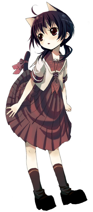 namori, original, 1girl, ahoge, animal ears, black hair, cat ears, cat tail, dress, female focus, looking back, low twintails, nao goto, pleated skirt, red eyes, sailor dress, school uniform, serafuku, short hair, skirt, socks, solo, tail, twintails
