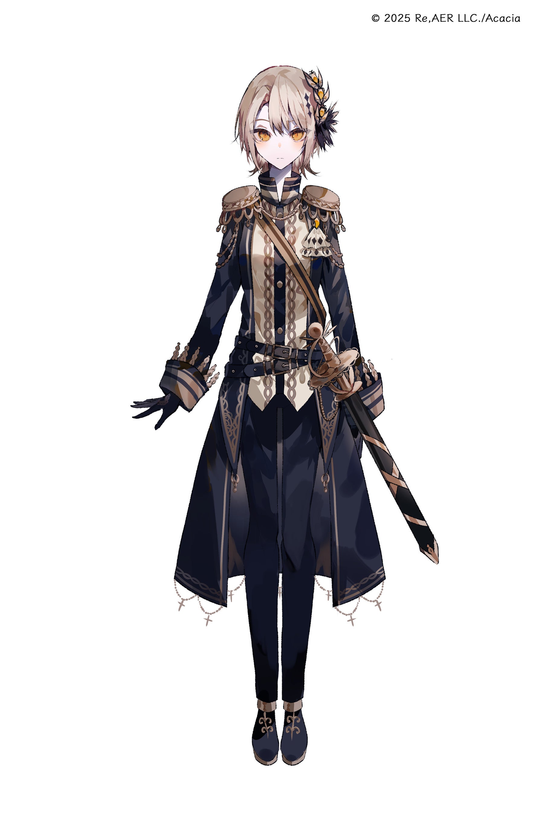 umemaro (siona0908), mahou shoujo no majo saiban, absurdres, highres, official art, second-party source, 1girl, aiguillette, belt, black belt, black gloves, black jacket, black pants, black shoes, closed mouth, copyright notice, epaulettes, expressionless, full body, gloves, hair ornament, hasumi reia, jacket, long sleeves, looking at viewer, magical girl, pale skin, pants, sash, shoes, short hair, shoulder sash, simple background, solo, standing, sword, tachi-e, weapon, white background, yellow eyes