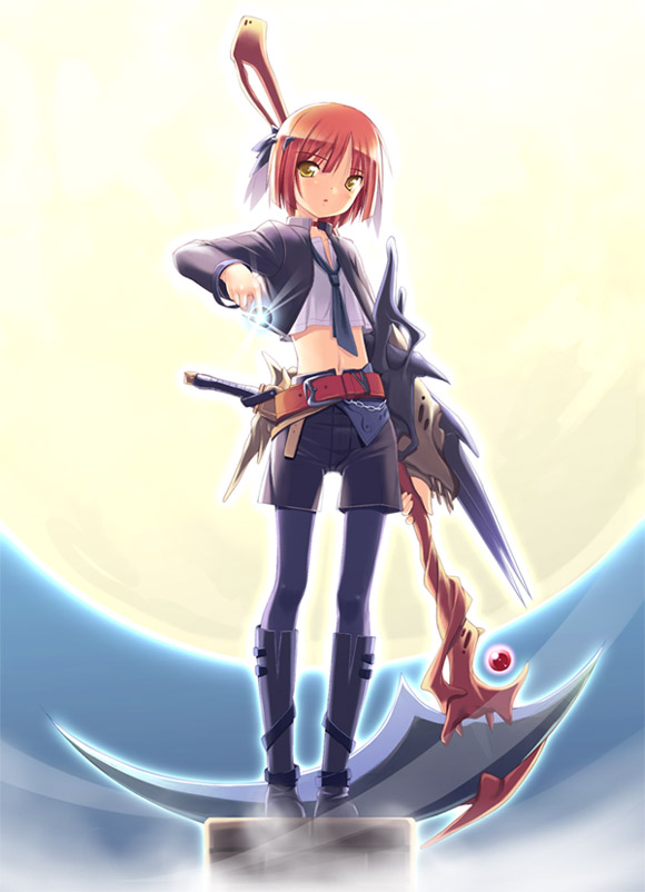poco (asahi age), original, 1girl, belt, black pantyhose, boots, female focus, full moon, hair ornament, magic, midriff, moon, navel, necktie, pantyhose, pantyhose under shorts, red hair, scythe, short hair, shorts, solo, sword, weapon, yellow eyes