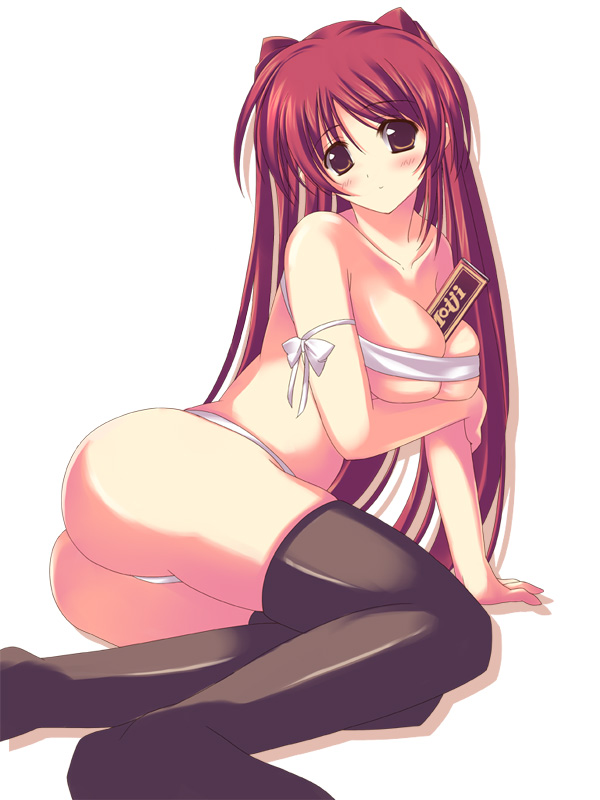 kisaki yuu, kousaka tamaki, to heart (series), to heart 2, 00s, 1girl, arm support, between breasts, black thighhighs, blush, bra, breasts, brown eyes, female focus, lingerie, long hair, lying, on side, panties, red hair, solo, thighhighs, underwear, valentine, white panties