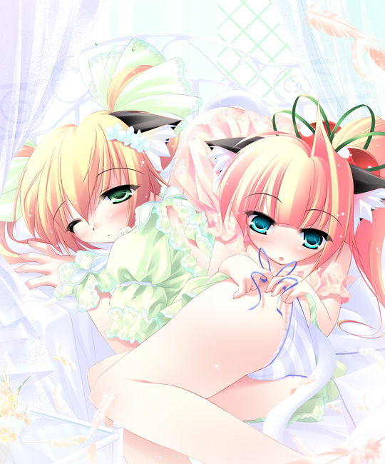 inuneko, 2girls, animal ears, ass, bent over, blonde hair, blue eyes, blue panties, blush, cat ears, cat tail, chemise, green eyes, hair bobbles, hair ornament, hair ribbon, kneeling, lace, lace-trimmed panties, lace trim, lying, multiple girls, nightgown, on side, panties, ribbon, side-tie panties, sleepy, striped clothes, striped panties, tail, underwear