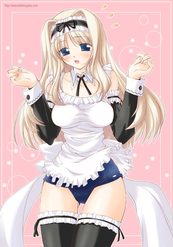 ayano naoto, kusugawa sasara, to heart (series), to heart 2, 00s, detached sleeves, maid, one-piece swimsuit, school swimsuit, solo, swimsuit, swimsuit under clothes, thighhighs