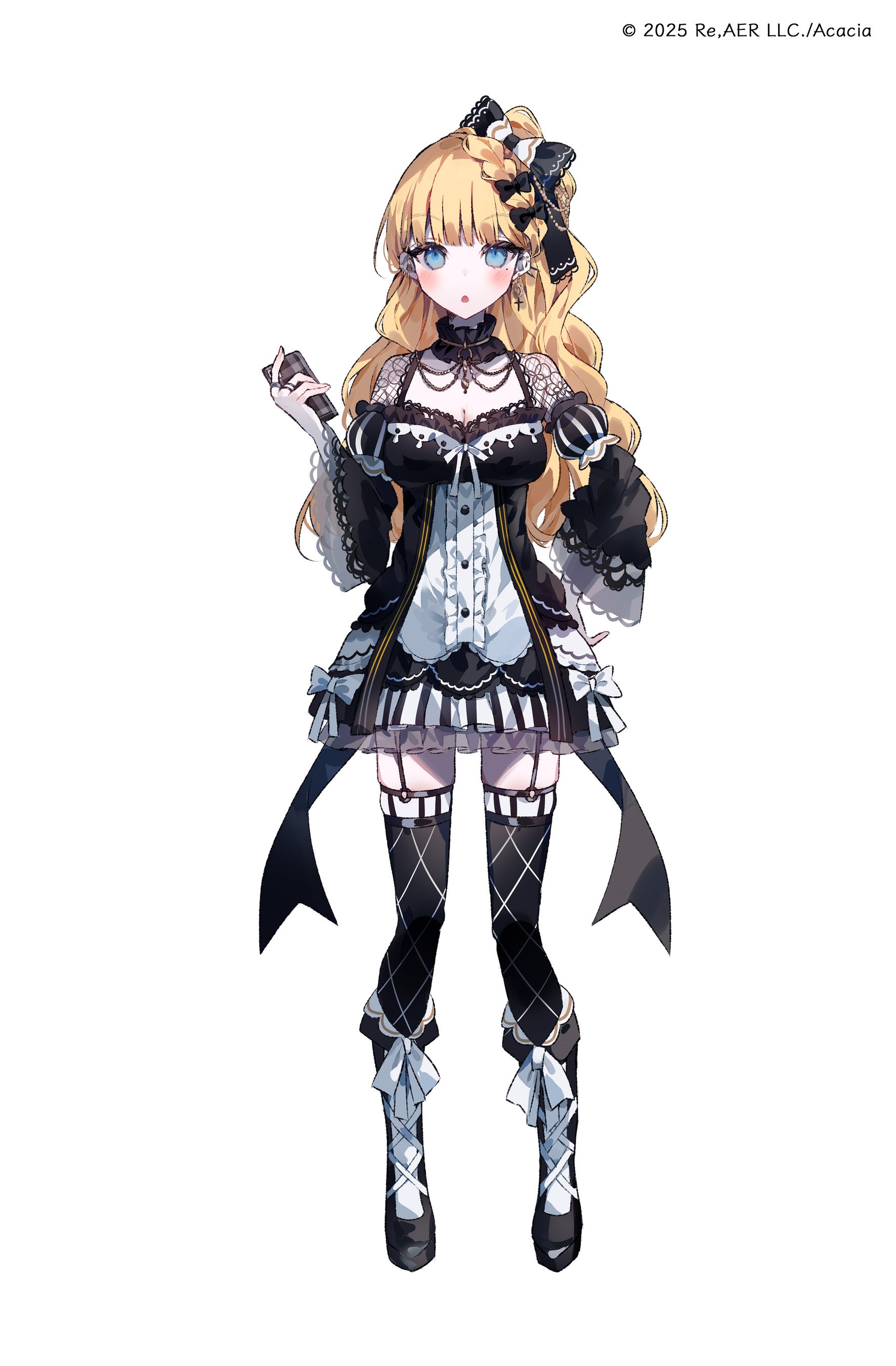 umemaro (siona0908), saeki miria, mahou shoujo no majo saiban, absurdres, highres, official art, second-party source, 1girl, black boots, black bow, black choker, black dress, black thighhighs, blonde hair, blue eyes, boots, bow, braid, breasts, center frills, choker, cleavage, copyright notice, cross, cross earrings, dress, ear piercing, earrings, frilled choker, frilled sleeves, frills, full body, hair bow, hand on own hip, hand up, holding, jewelry, knee boots, long hair, long sleeves, looking at viewer, magical girl, medium breasts, one side up, open mouth, pale skin, piercing, simple background, solo, standing, tachi-e, thighhighs, wavy hair, white background