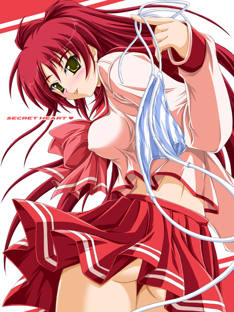 akimoto dai, kousaka tamaki, to heart (series), to heart 2, 00s, 1girl, :p, back, blue panties, blush, brown eyes, female focus, holding, holding panties, holding underwear, holding unworn clothes, long hair, looking back, miniskirt, no panties, panties, pleated skirt, red hair, school uniform, serafuku, side-tie panties, skirt, solo, standing, striped clothes, striped panties, thigh gap, thighs, tongue, tongue out, underwear, unworn panties, upskirt