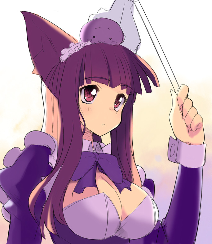 sikorsky, 1girl, animal ears, breasts, cat ears, cat girl, cleavage, duster, female focus, large breasts, long hair, maid, solo