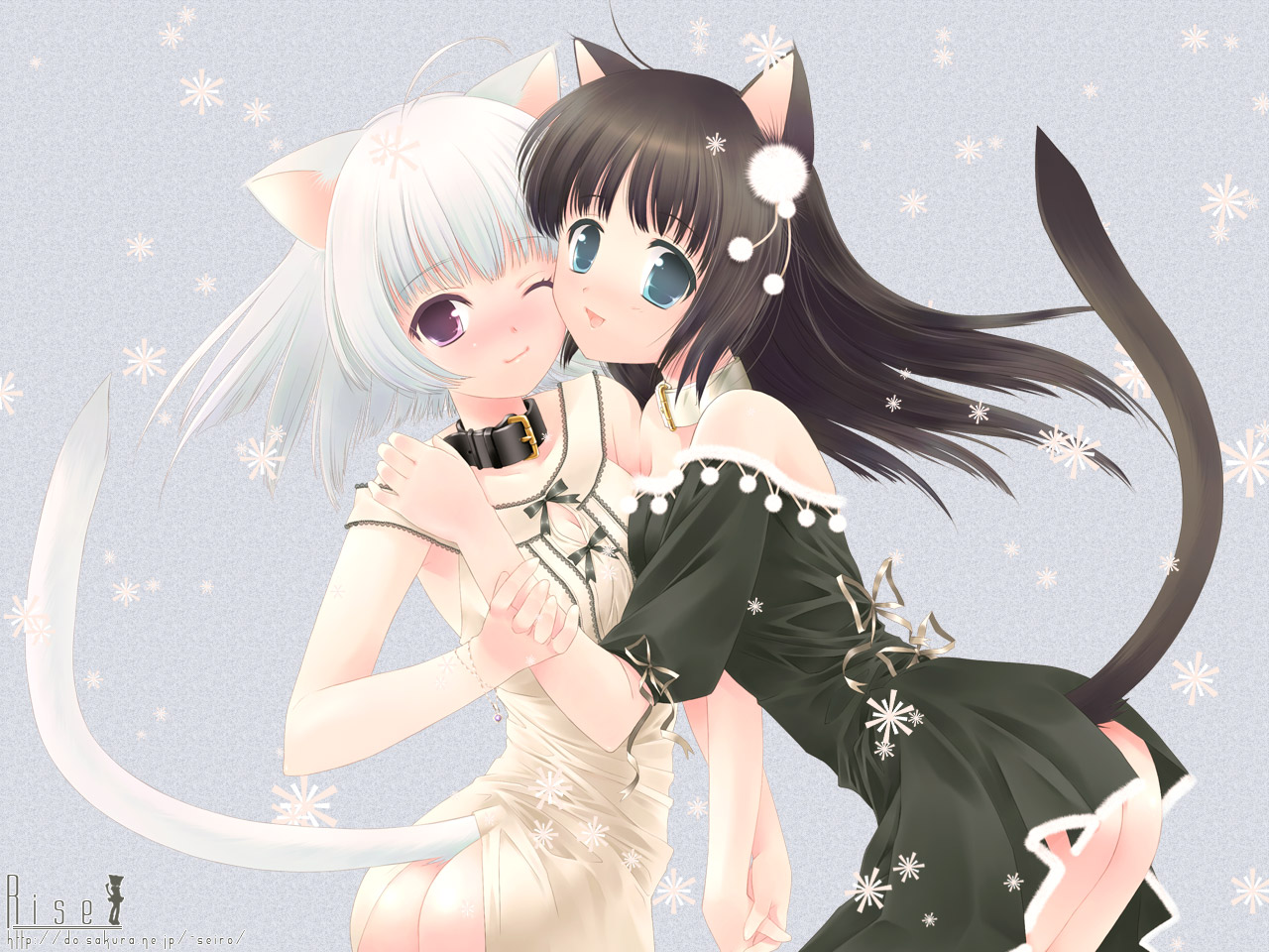 touto seiro, 2girls, animal ears, aqua eyes, ass, black hair, brown hair, cat ears, cat tail, cleavage cutout, clothing cutout, collar, long hair, multiple girls, no panties, purple eyes, ribbon, snowing, tail