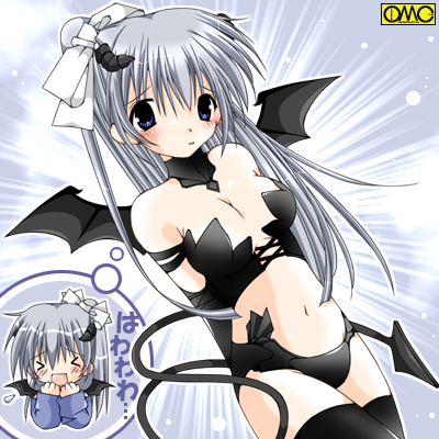 omc, lowres, > <, 1girl, bad anatomy, bat wings, bikini, blue eyes, blush, bra, chibi, closed eyes, demon girl, grey hair, lingerie, multiple views, panties, poorly drawn, ribbon, side-tie bikini bottom, side-tie panties, swimsuit, tail, thighhighs, underwear, wings