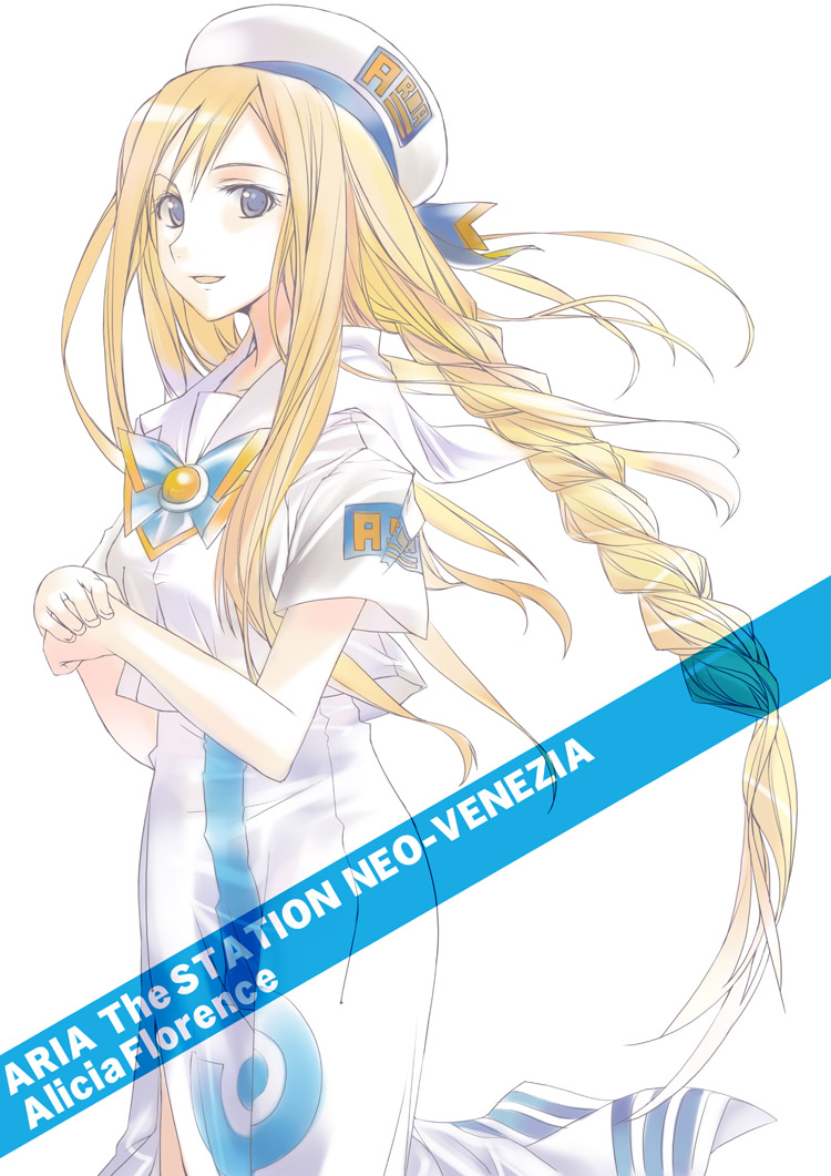mizuki makoto, alicia florence, aria (manga), 00s, 1girl, blonde hair, blouse, blue eyes, bow, bowtie, braid, braided ponytail, character name, dress, female focus, hat, long hair, looking at viewer, own hands together, shirt, simple background, single braid, smile, solo, very long hair, white background, white shirt