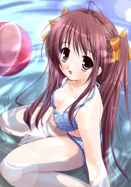 mikeou, jpeg artifacts, 1girl, ball, beachball, bikini, brown eyes, brown hair, female focus, hair ribbon, long hair, ribbon, solo, swimsuit, twintails, water